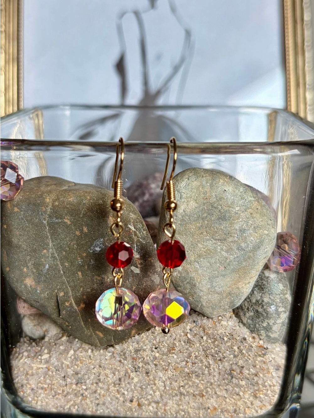 Gold-Tone Red and Iridescent Crystal Drop Earrings